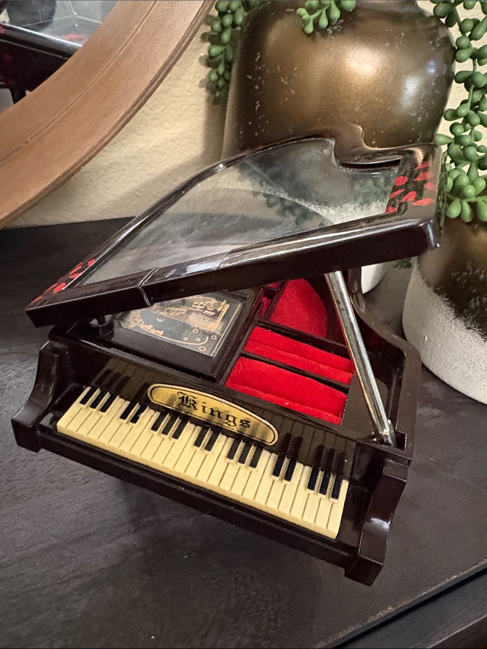 Decorative Miniature Grand Piano Music Box in Dark Wood with Red Felt